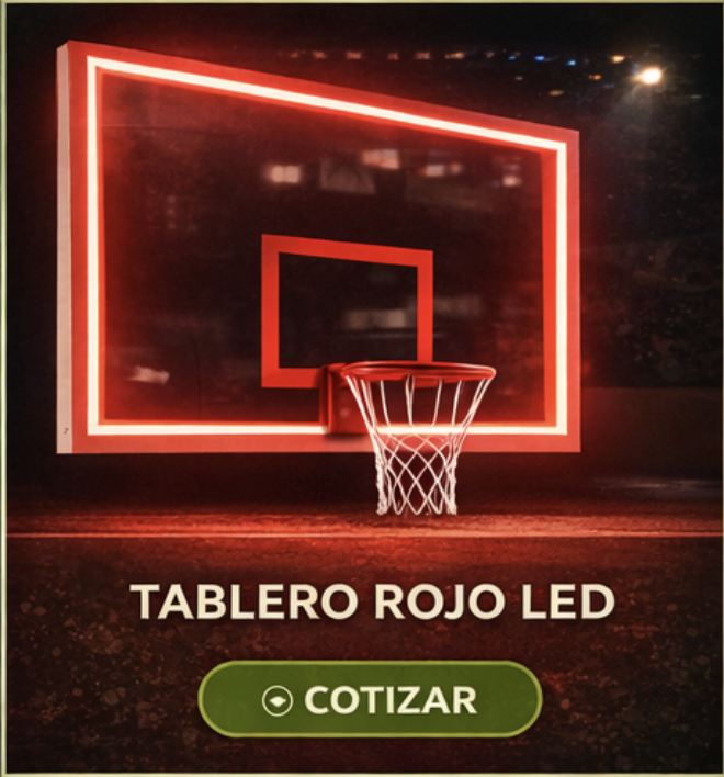 Compra tablero de basquetbol LED profesional. Modelos iluminados, neon y colores LED para canchas escolares, municipales y proyectos premium.